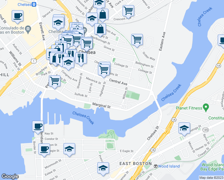 map of restaurants, bars, coffee shops, grocery stores, and more near 161 Central Avenue in Chelsea