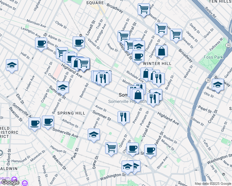 map of restaurants, bars, coffee shops, grocery stores, and more near 14 Sycamore Street in Somerville