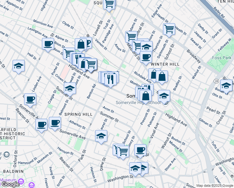 map of restaurants, bars, coffee shops, grocery stores, and more near 149a Highland Avenue in Somerville