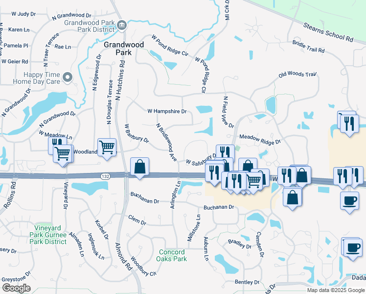 map of restaurants, bars, coffee shops, grocery stores, and more near 17913 West Elsbury Street in Gurnee