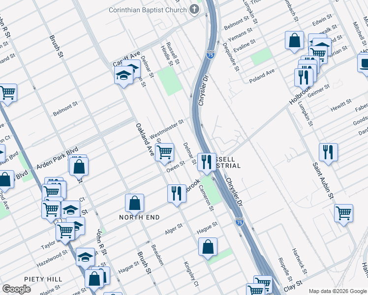 map of restaurants, bars, coffee shops, grocery stores, and more near 9207 Delmar Street in Detroit
