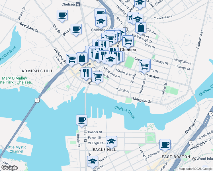 map of restaurants, bars, coffee shops, grocery stores, and more near 53 Essex Street in Chelsea