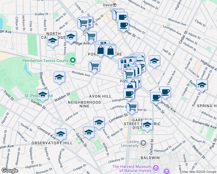 map of restaurants, bars, coffee shops, grocery stores, and more near 33 Richdale Avenue in Cambridge