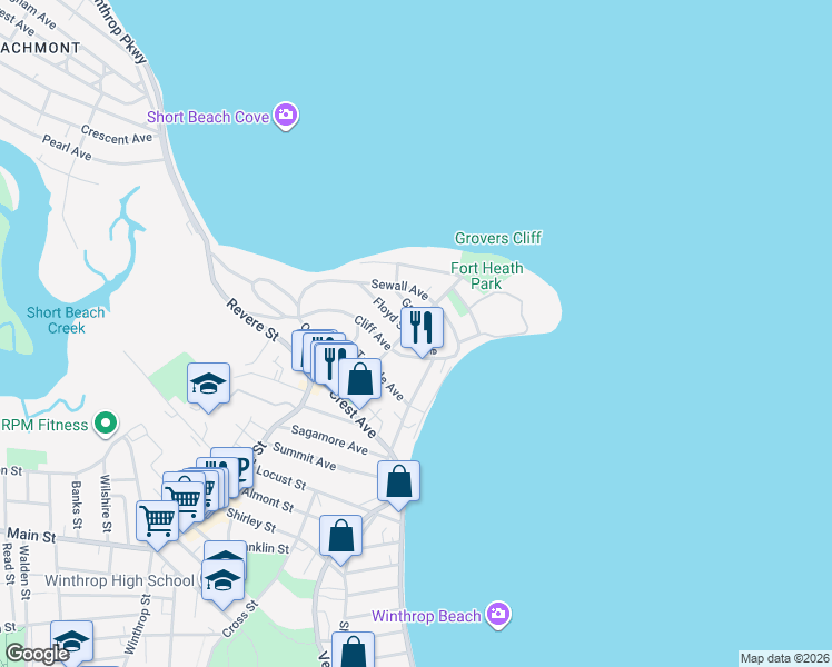 map of restaurants, bars, coffee shops, grocery stores, and more near 208 Grovers Avenue in Winthrop