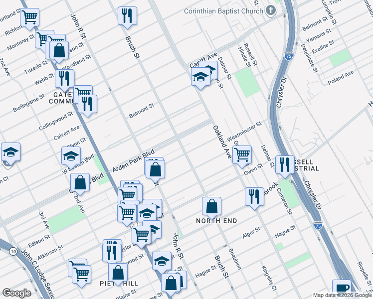 map of restaurants, bars, coffee shops, grocery stores, and more near 500 Arden Park Boulevard in Detroit