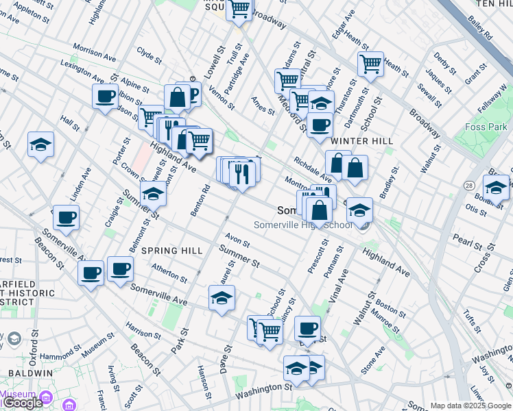 map of restaurants, bars, coffee shops, grocery stores, and more near 149 Highland Avenue in Somerville