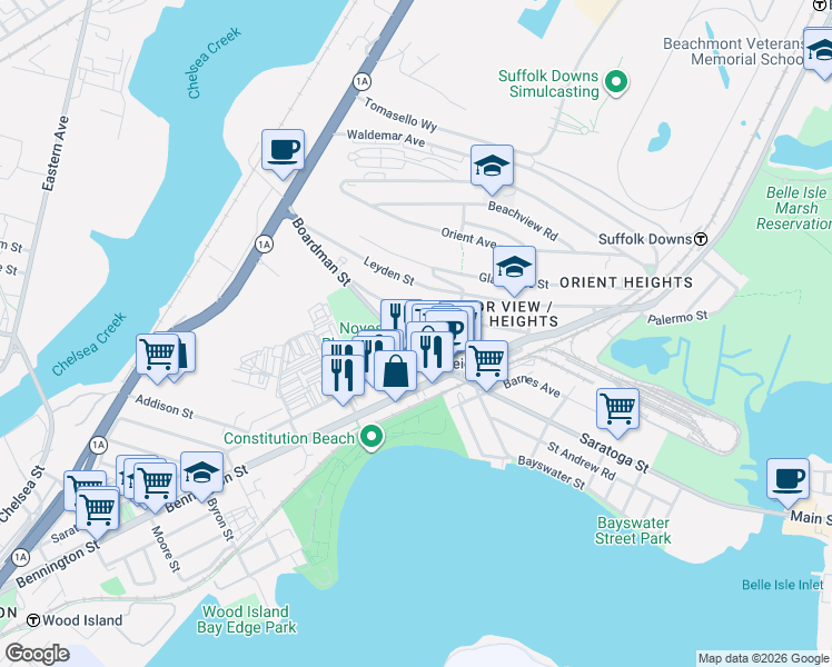 map of restaurants, bars, coffee shops, grocery stores, and more near 91 Ashley Street in Boston