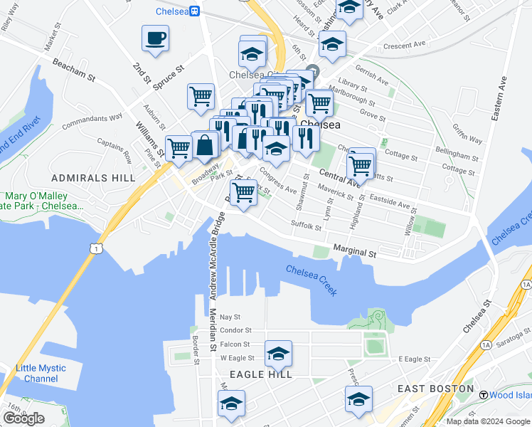 map of restaurants, bars, coffee shops, grocery stores, and more near 53 Essex Street in Chelsea