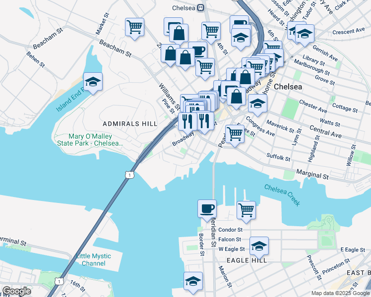 map of restaurants, bars, coffee shops, grocery stores, and more near 105 Broadway in Chelsea