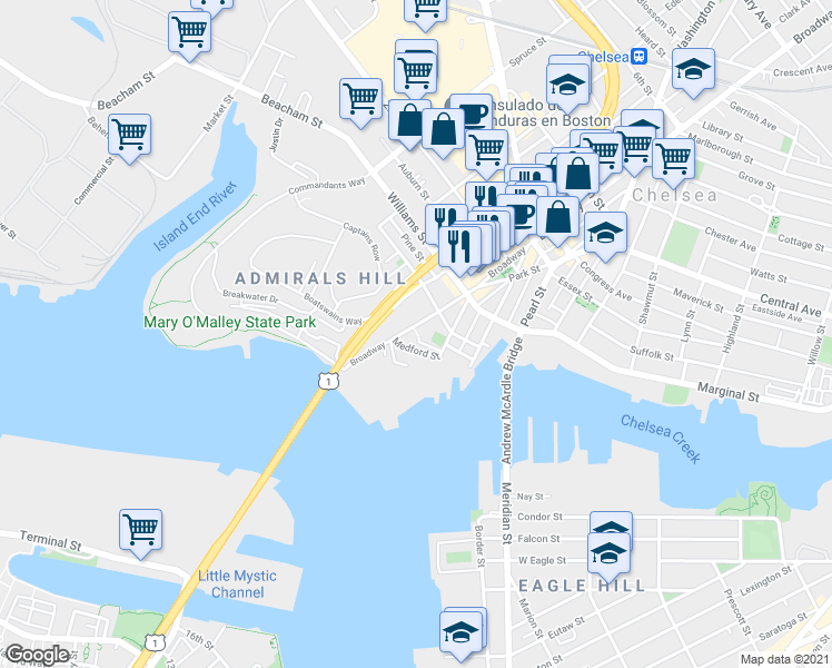 map of restaurants, bars, coffee shops, grocery stores, and more near 69 Broadway in Chelsea
