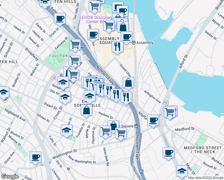 map of restaurants, bars, coffee shops, grocery stores, and more near 1162 Austin Street in Somerville