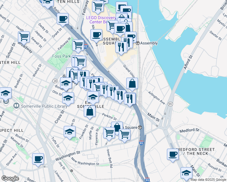 map of restaurants, bars, coffee shops, grocery stores, and more near 1162 Austin Street in Somerville