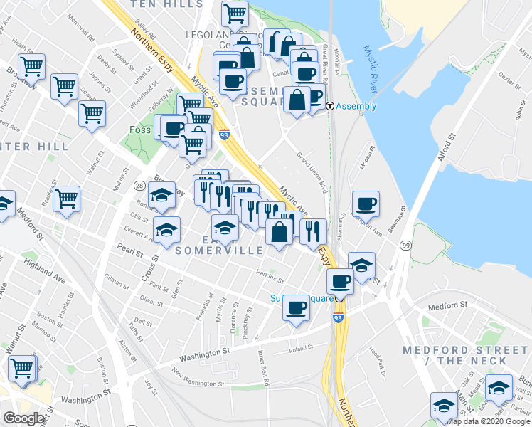 map of restaurants, bars, coffee shops, grocery stores, and more near 1162 Austin Street in Somerville