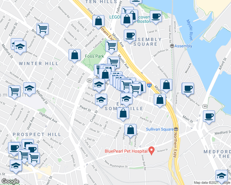 map of restaurants, bars, coffee shops, grocery stores, and more near 149 Broadway in Somerville
