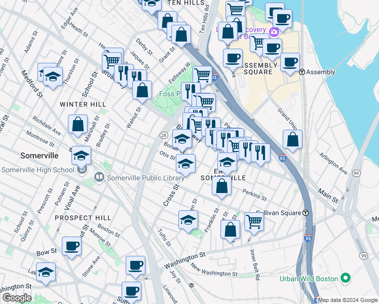map of restaurants, bars, coffee shops, grocery stores, and more near 174 Broadway in Somerville