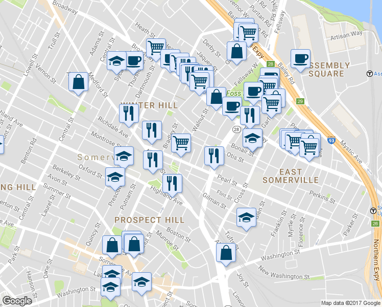 map of restaurants, bars, coffee shops, grocery stores, and more near 132 Walnut Street in Somerville