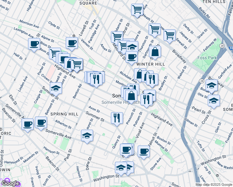map of restaurants, bars, coffee shops, grocery stores, and more near 37 Madison Street in Somerville