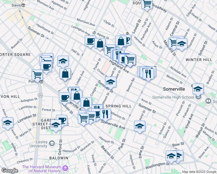 map of restaurants, bars, coffee shops, grocery stores, and more near 121 Lowell Street in Somerville
