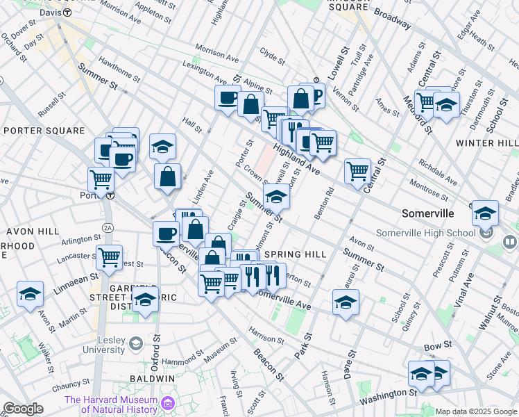 map of restaurants, bars, coffee shops, grocery stores, and more near 215 Summer Street in Somerville