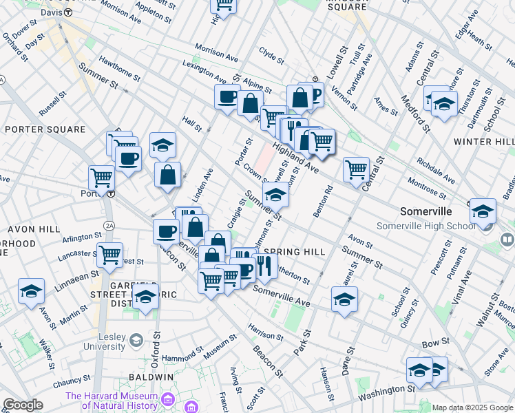 map of restaurants, bars, coffee shops, grocery stores, and more near 215 Summer Street in Somerville