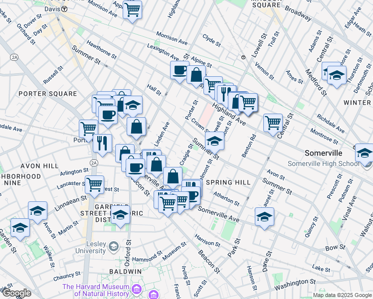 map of restaurants, bars, coffee shops, grocery stores, and more near 47 Porter Street in Somerville