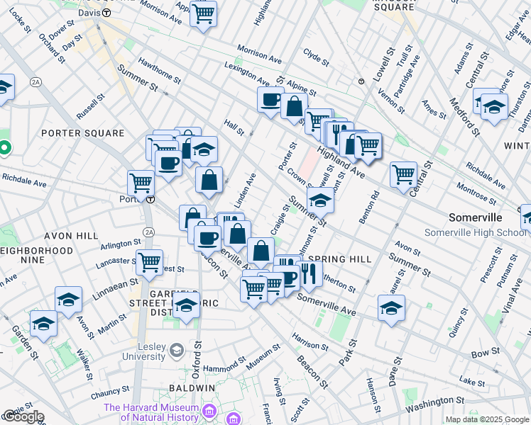 map of restaurants, bars, coffee shops, grocery stores, and more near 47 Porter Street in Somerville