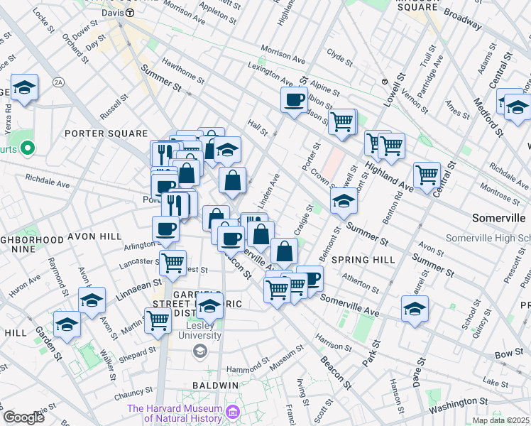 map of restaurants, bars, coffee shops, grocery stores, and more near 29a Linden Avenue in Somerville