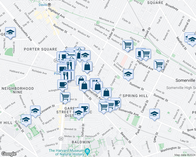 map of restaurants, bars, coffee shops, grocery stores, and more near 29a Linden Avenue in Somerville