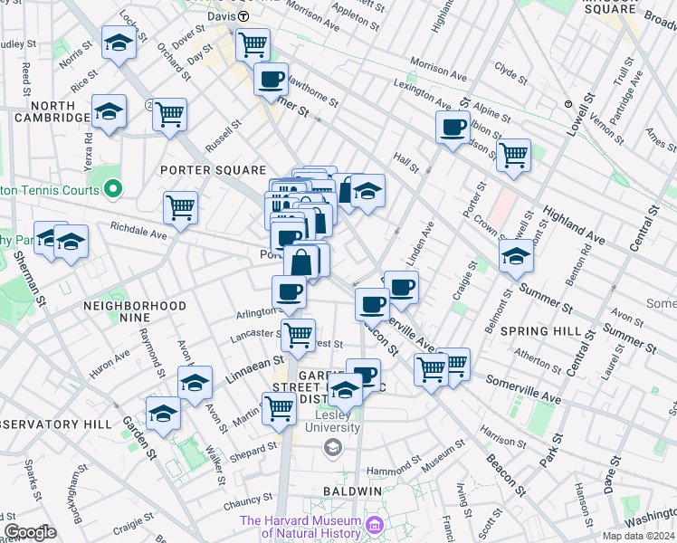 map of restaurants, bars, coffee shops, grocery stores, and more near in Cambridge