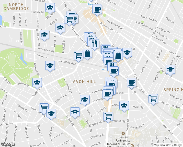 map of restaurants, bars, coffee shops, grocery stores, and more near 33 Richdale Avenue in Cambridge