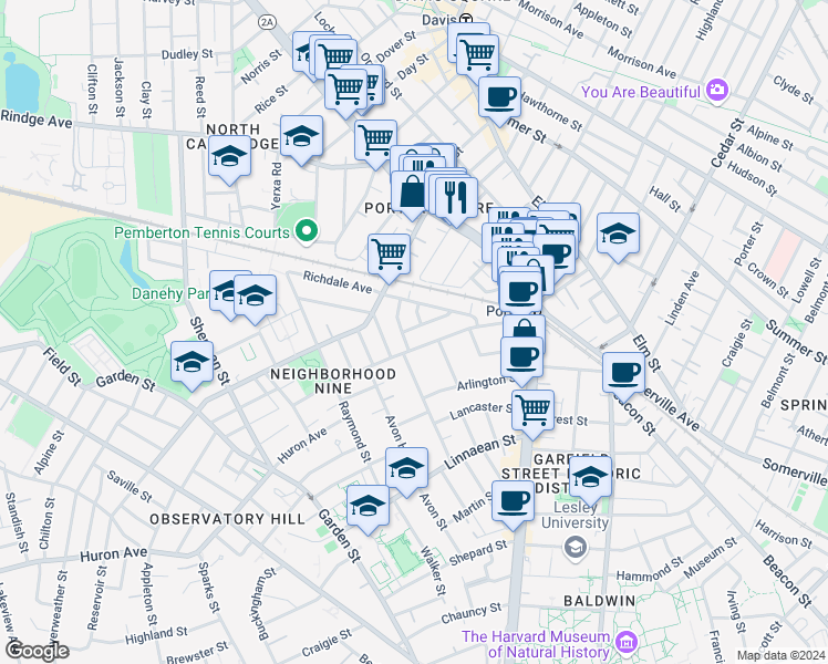 map of restaurants, bars, coffee shops, grocery stores, and more near 78 Richdale Avenue in Cambridge