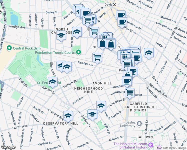 map of restaurants, bars, coffee shops, grocery stores, and more near 77 Walden Street in Cambridge