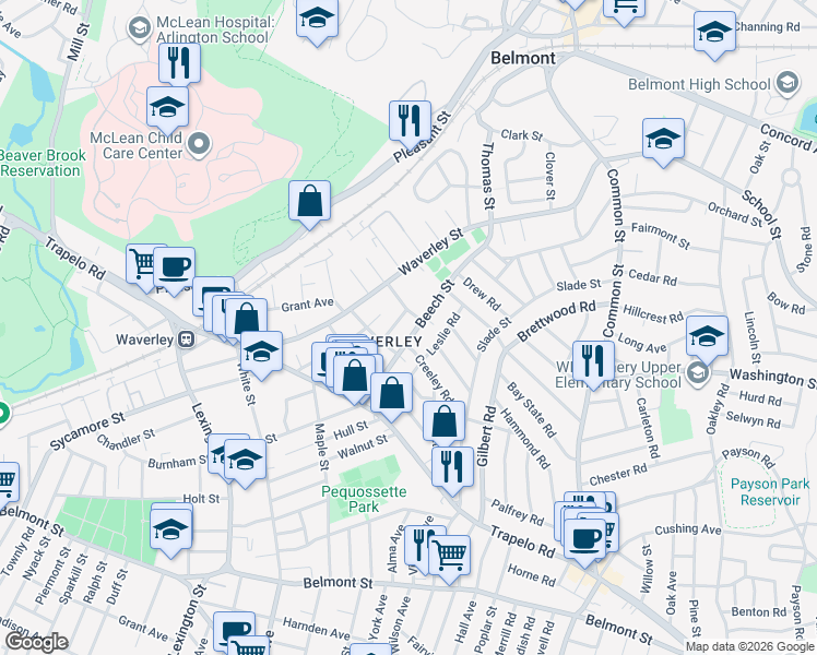 map of restaurants, bars, coffee shops, grocery stores, and more near 19 Harris Street in Belmont