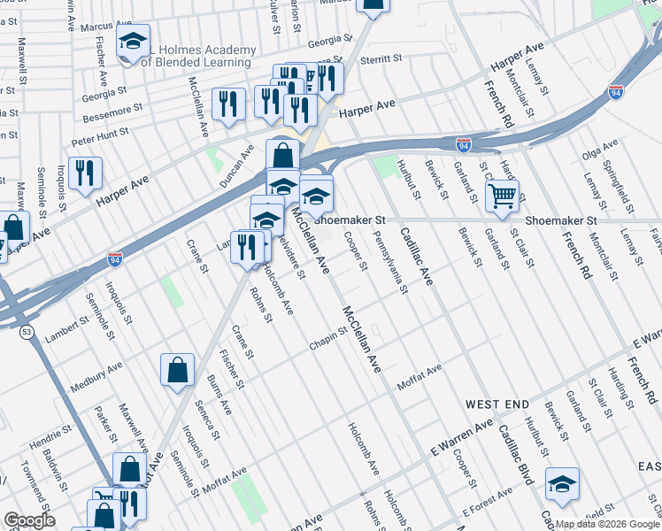 map of restaurants, bars, coffee shops, grocery stores, and more near 5900 McClellan Avenue in Detroit