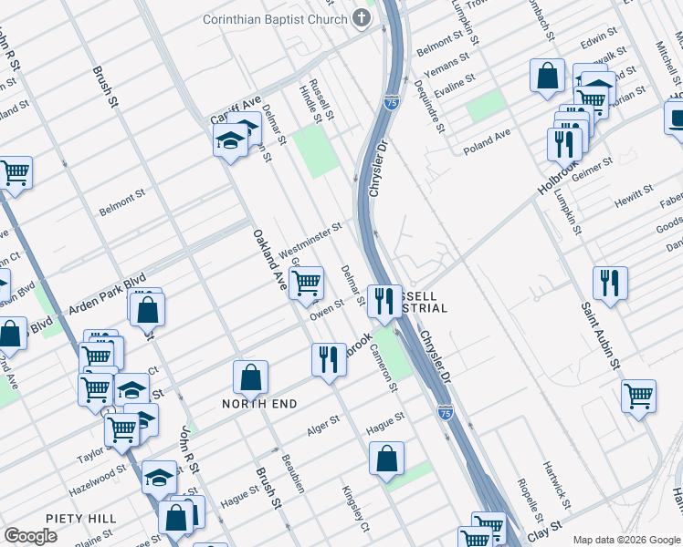 map of restaurants, bars, coffee shops, grocery stores, and more near 9207 Delmar Street in Detroit