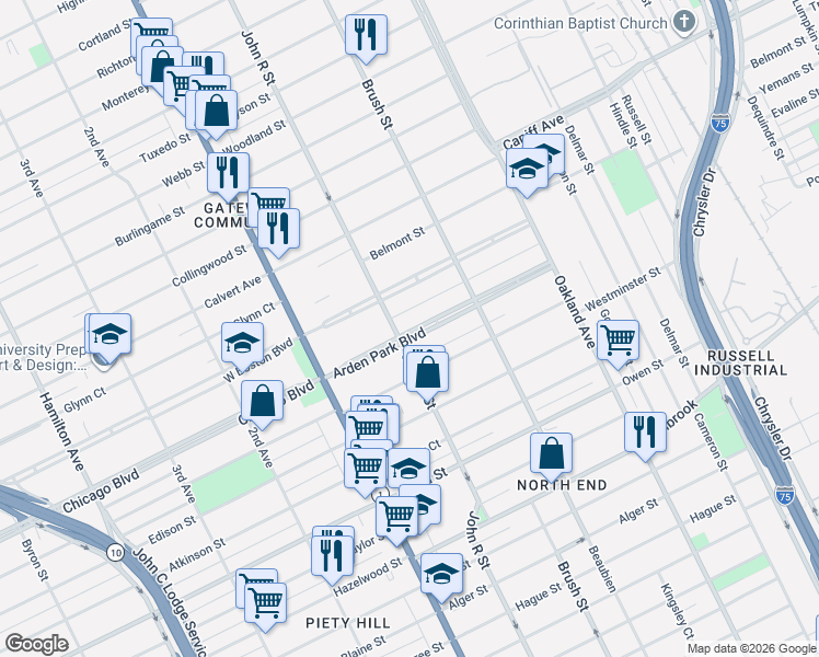 map of restaurants, bars, coffee shops, grocery stores, and more near 250 East Boston Boulevard in Detroit