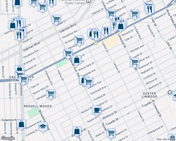 map of restaurants, bars, coffee shops, grocery stores, and more near 3259 Buena Vista Street in Detroit