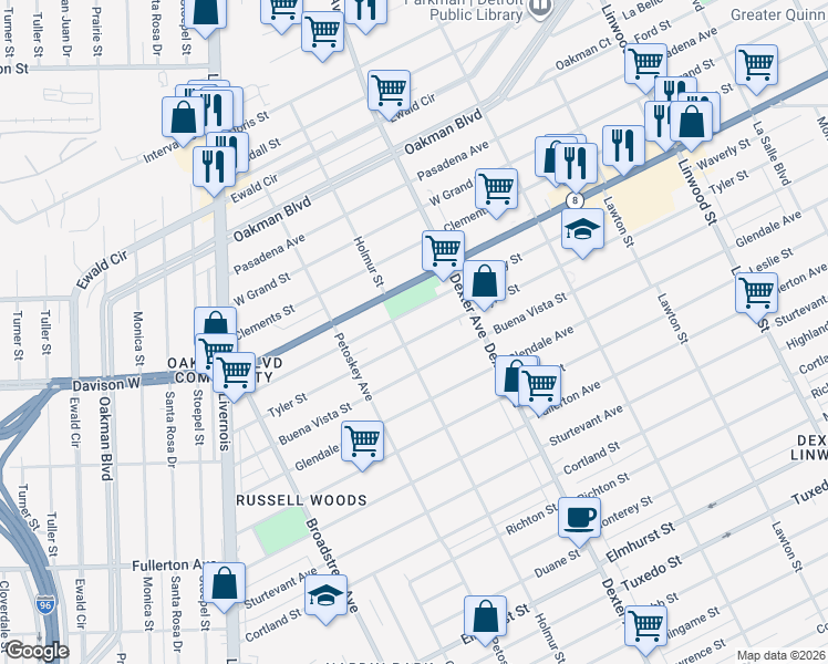 map of restaurants, bars, coffee shops, grocery stores, and more near 3761 Waverly Street in Detroit