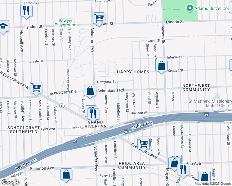 map of restaurants, bars, coffee shops, grocery stores, and more near 13920 Littlefield Street in Detroit