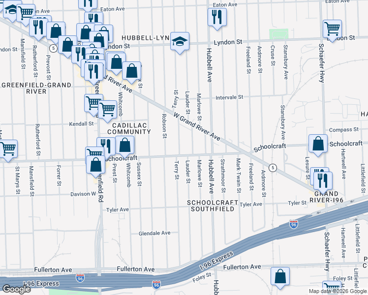 map of restaurants, bars, coffee shops, grocery stores, and more near 13985 Terry Street in Detroit