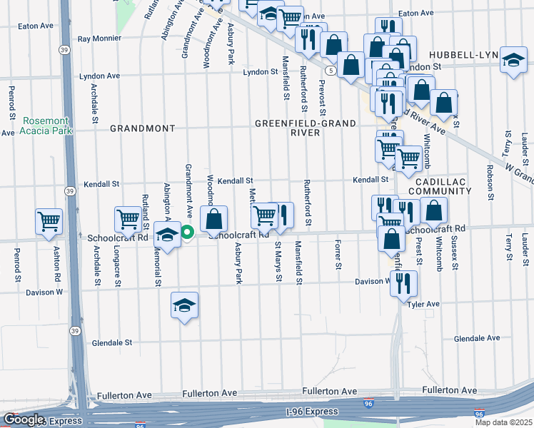 map of restaurants, bars, coffee shops, grocery stores, and more near 14008 Mettetal Street in Detroit