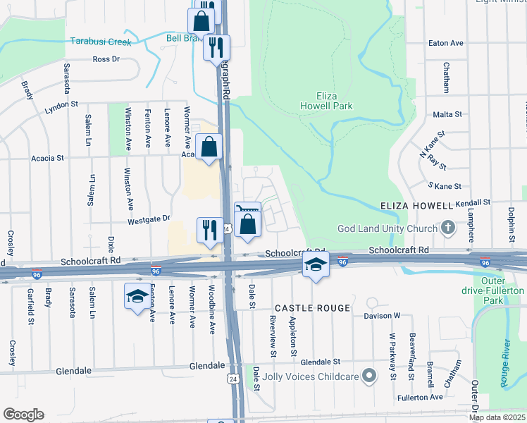map of restaurants, bars, coffee shops, grocery stores, and more near 14075 Riverview Street in Detroit