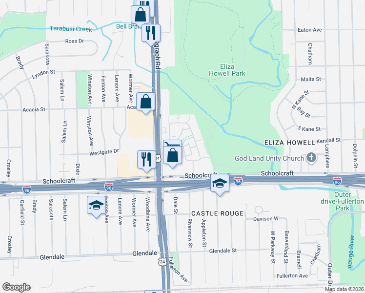 map of restaurants, bars, coffee shops, grocery stores, and more near 14075 Riverview Street in Detroit
