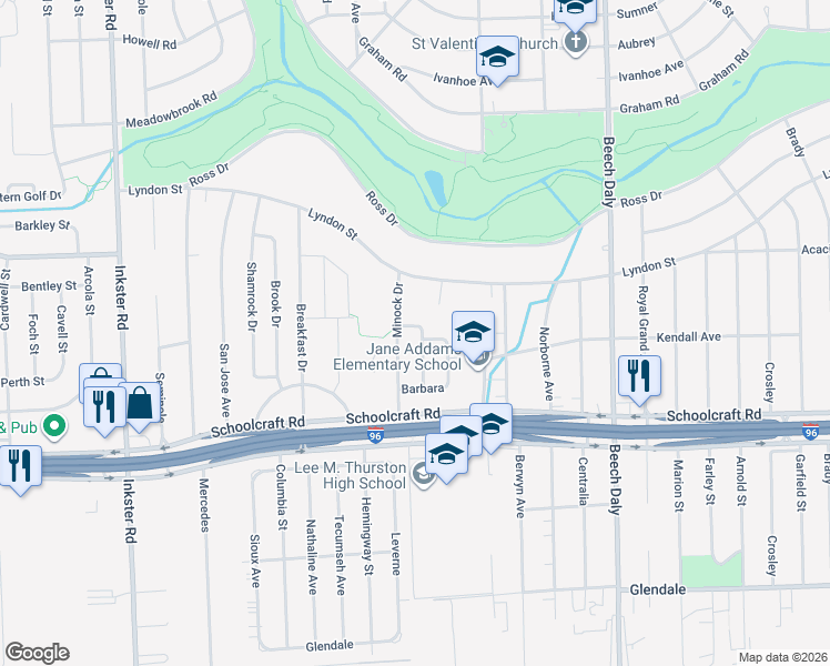 map of restaurants, bars, coffee shops, grocery stores, and more near 14151 Lucerne in Redford Charter Township