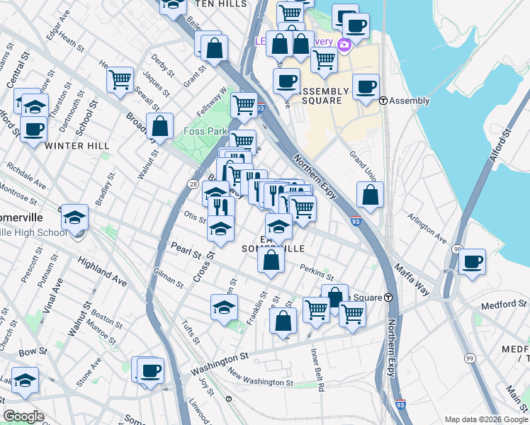 map of restaurants, bars, coffee shops, grocery stores, and more near 149 Broadway in Somerville