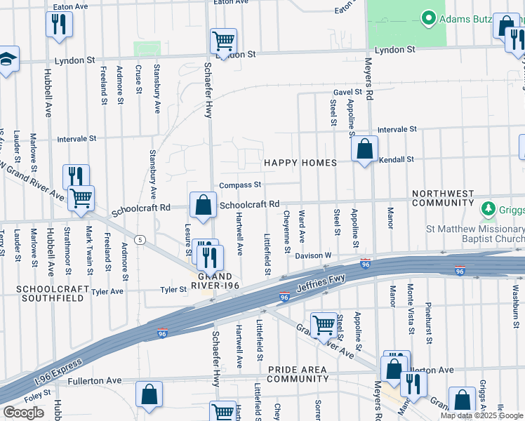 map of restaurants, bars, coffee shops, grocery stores, and more near 13920 Littlefield Street in Detroit