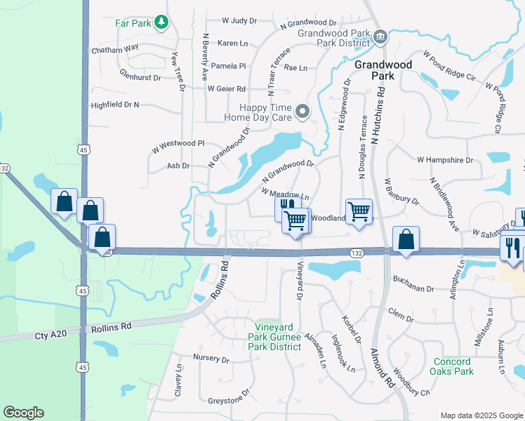 map of restaurants, bars, coffee shops, grocery stores, and more near 18530 West Woodland Terrace in Gurnee