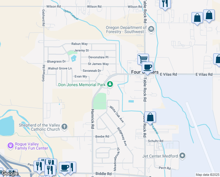 map of restaurants, bars, coffee shops, grocery stores, and more near 223 West Vilas Road in Central Point