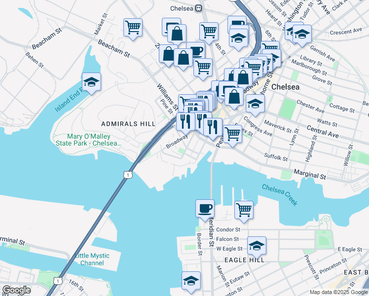map of restaurants, bars, coffee shops, grocery stores, and more near 26 Beacon Street in Chelsea