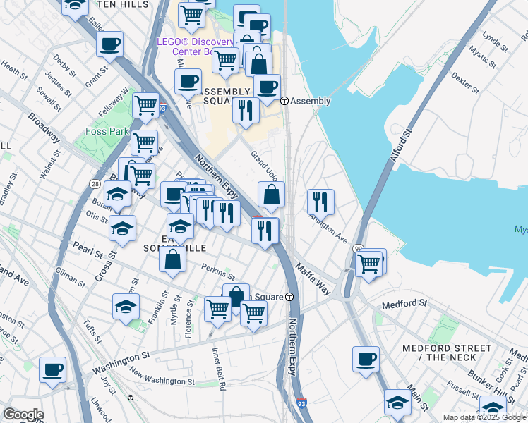 map of restaurants, bars, coffee shops, grocery stores, and more near 37 Mystic Avenue in Somerville